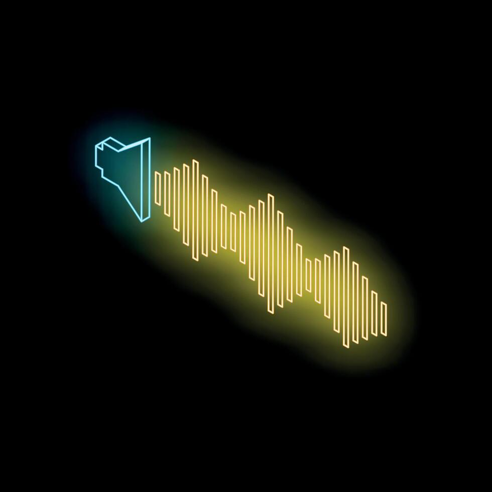 Neon megaphone broadcasting soundwave on black background vector