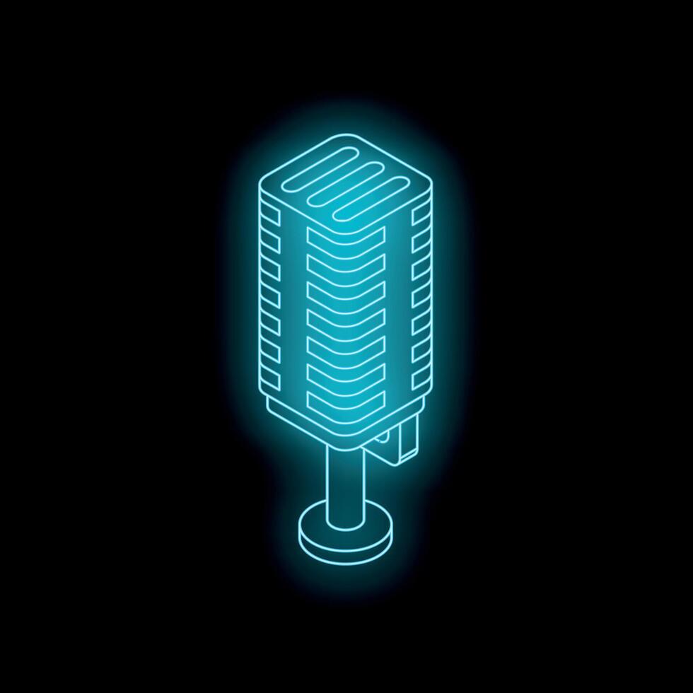 Glowing neon microphone on black background representing broadcasting and communication vector