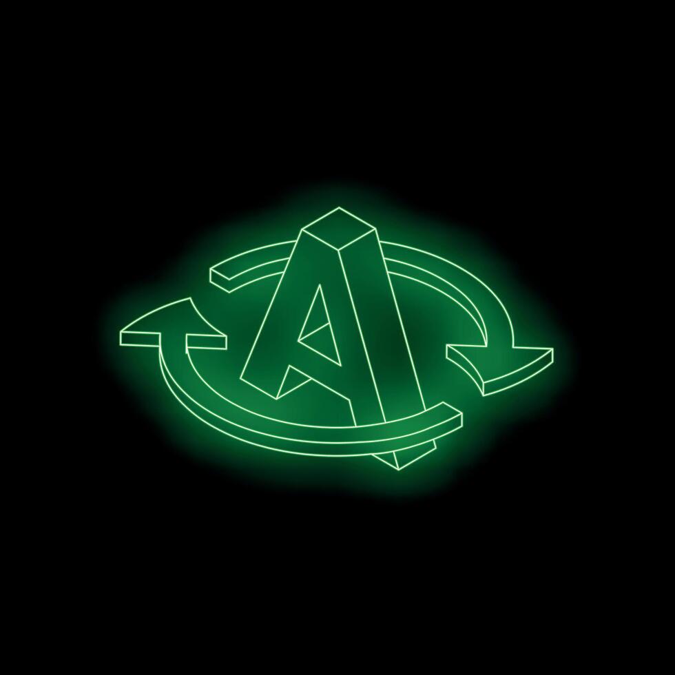 Green neon artificial intelligence rotating symbol on black background vector