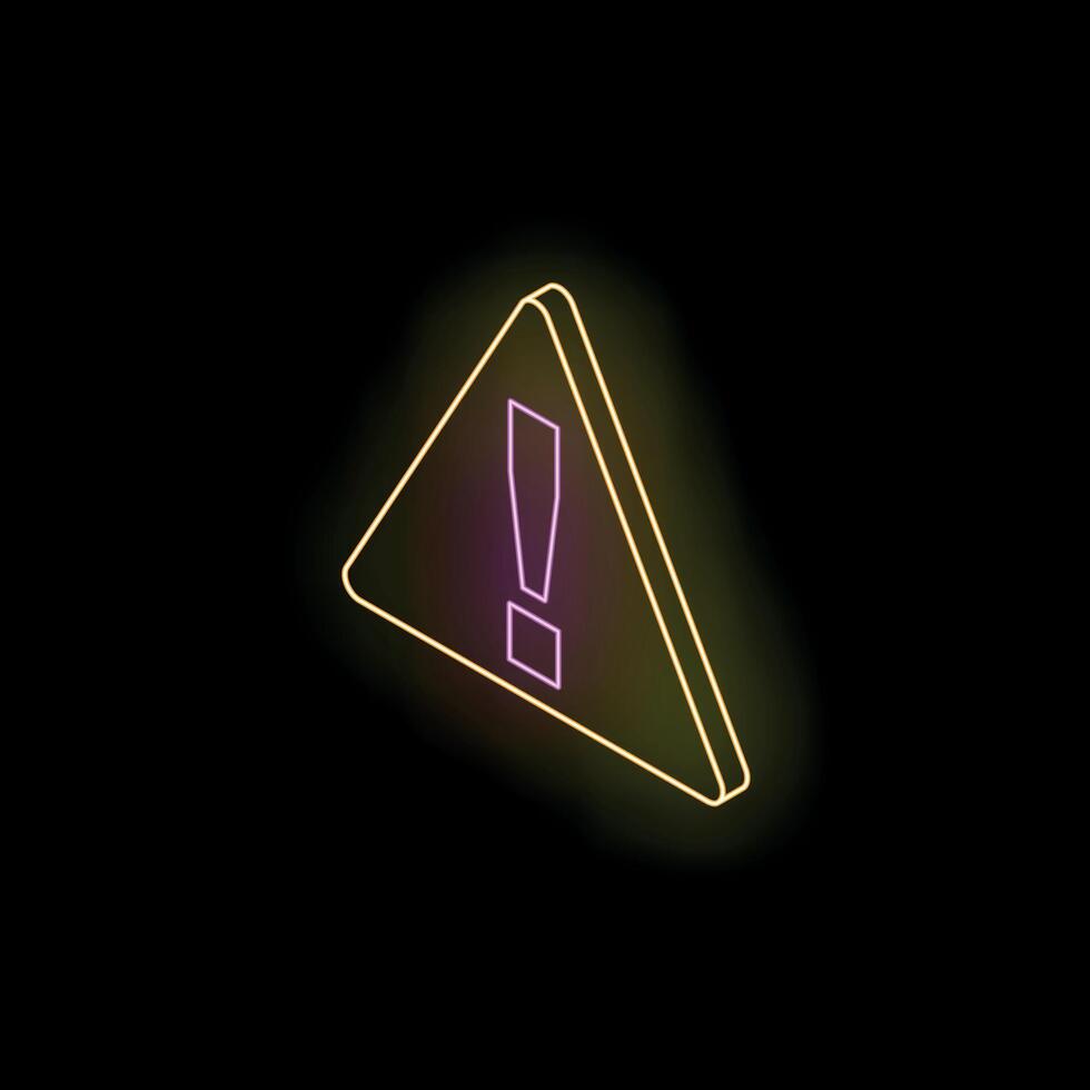 Neon yellow and purple exclamation point warning sign on black background vector