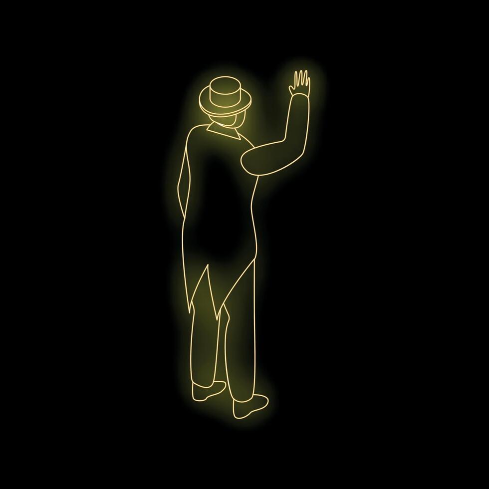 Gentleman in tailcoat and top hat waving goodbye on black background vector
