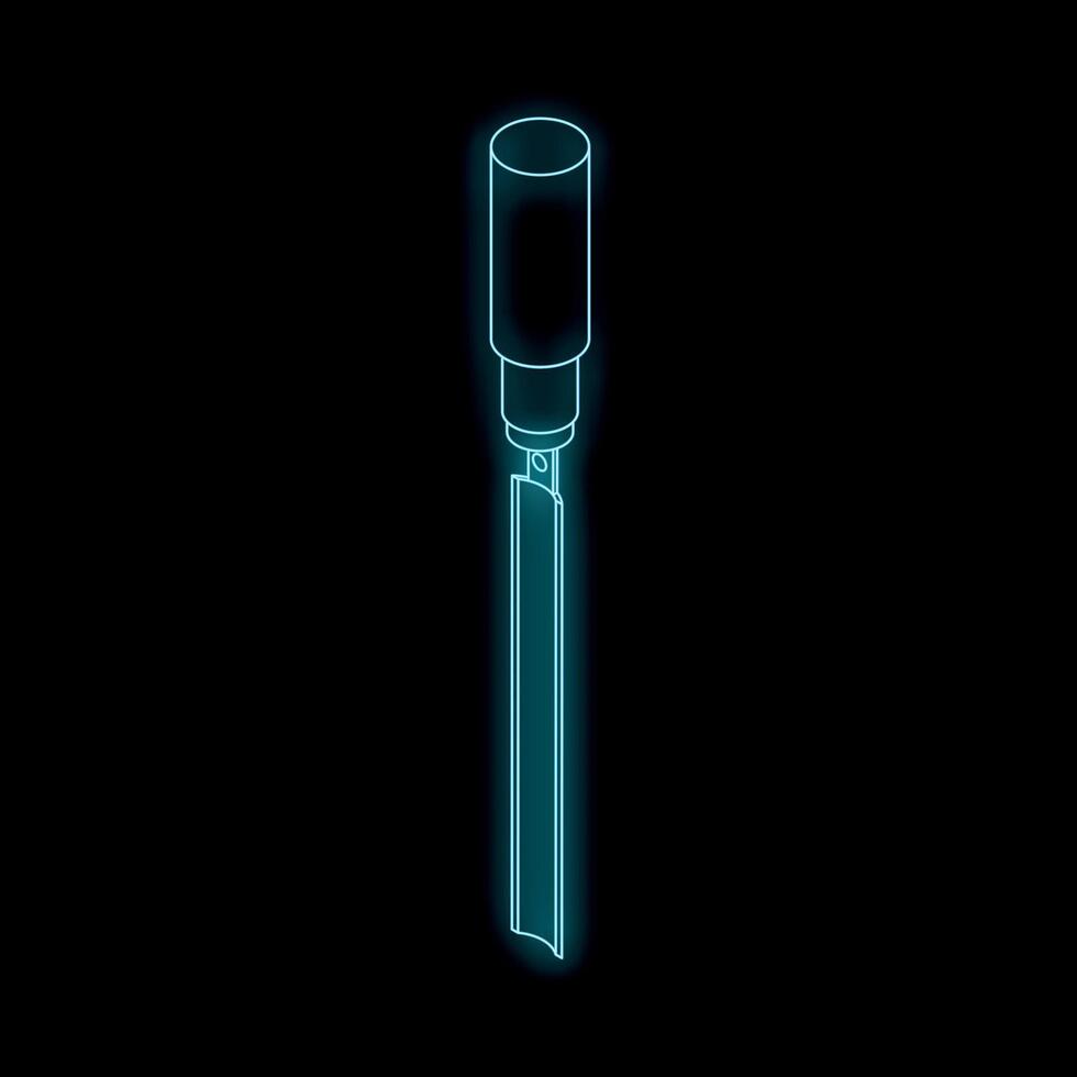 Neon blue chisel glowing on dark background, woodworking tool illustration vector