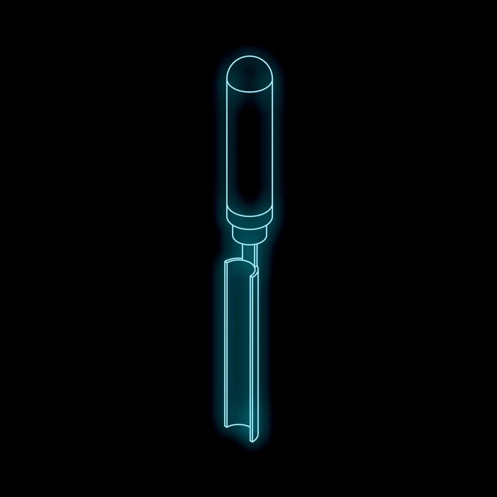 Neon blue chisel glowing on black background, woodworking tool illustration vector