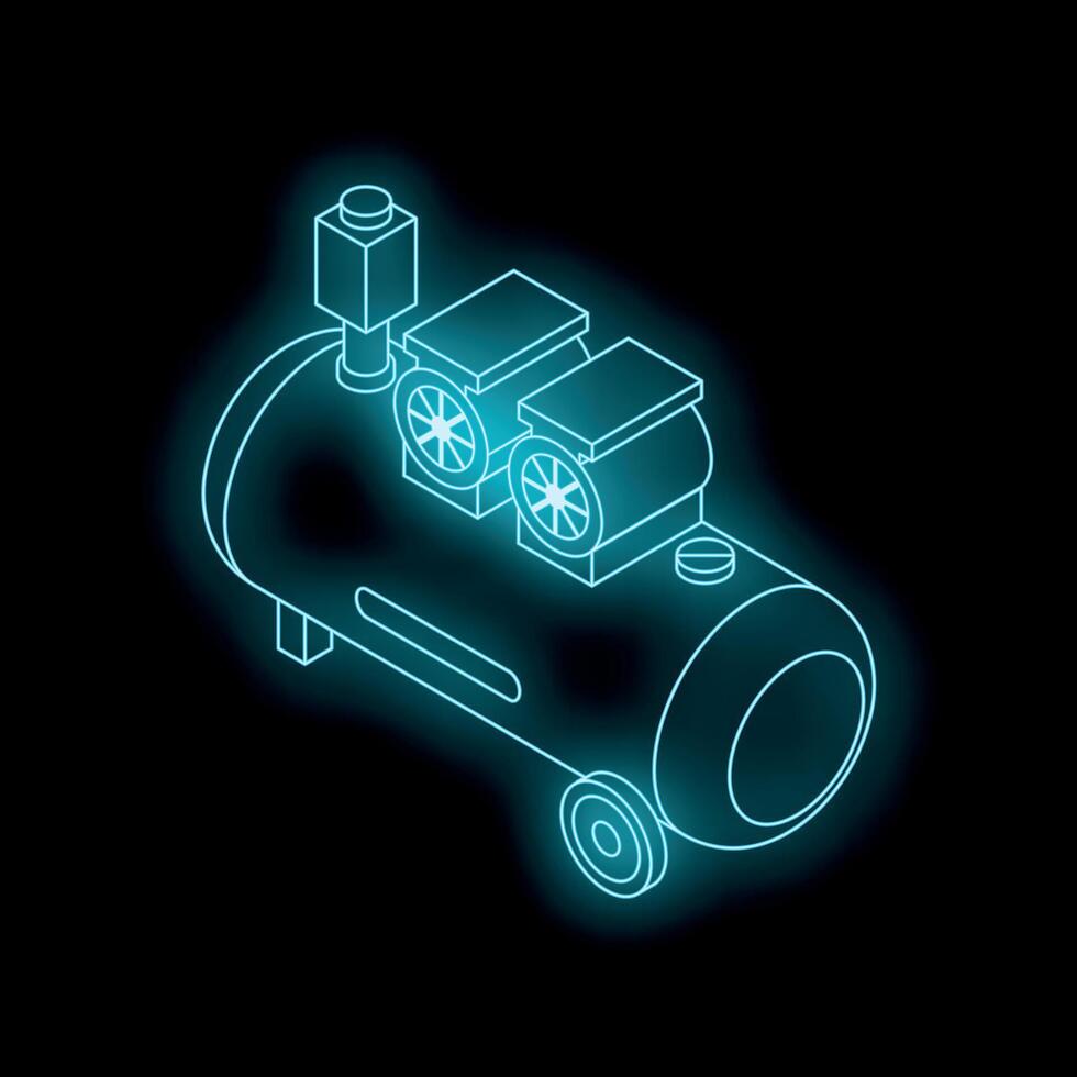 Neon blue air compressor generating compressed air on black background vector