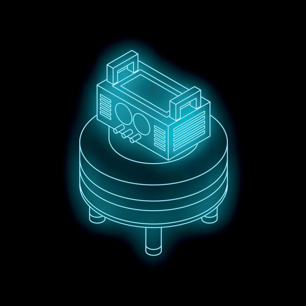 Neon blue boombox sitting on round table in dark room vector