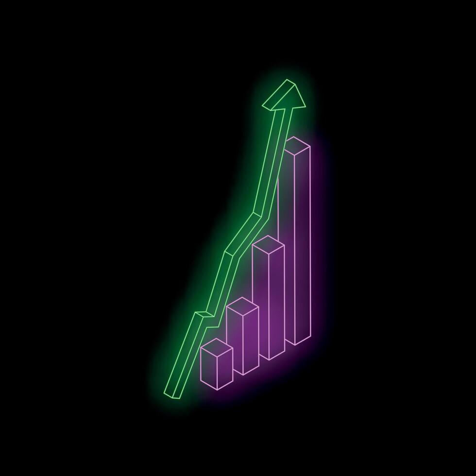 Neon green arrow increasing over growing purple bars chart on black background vector