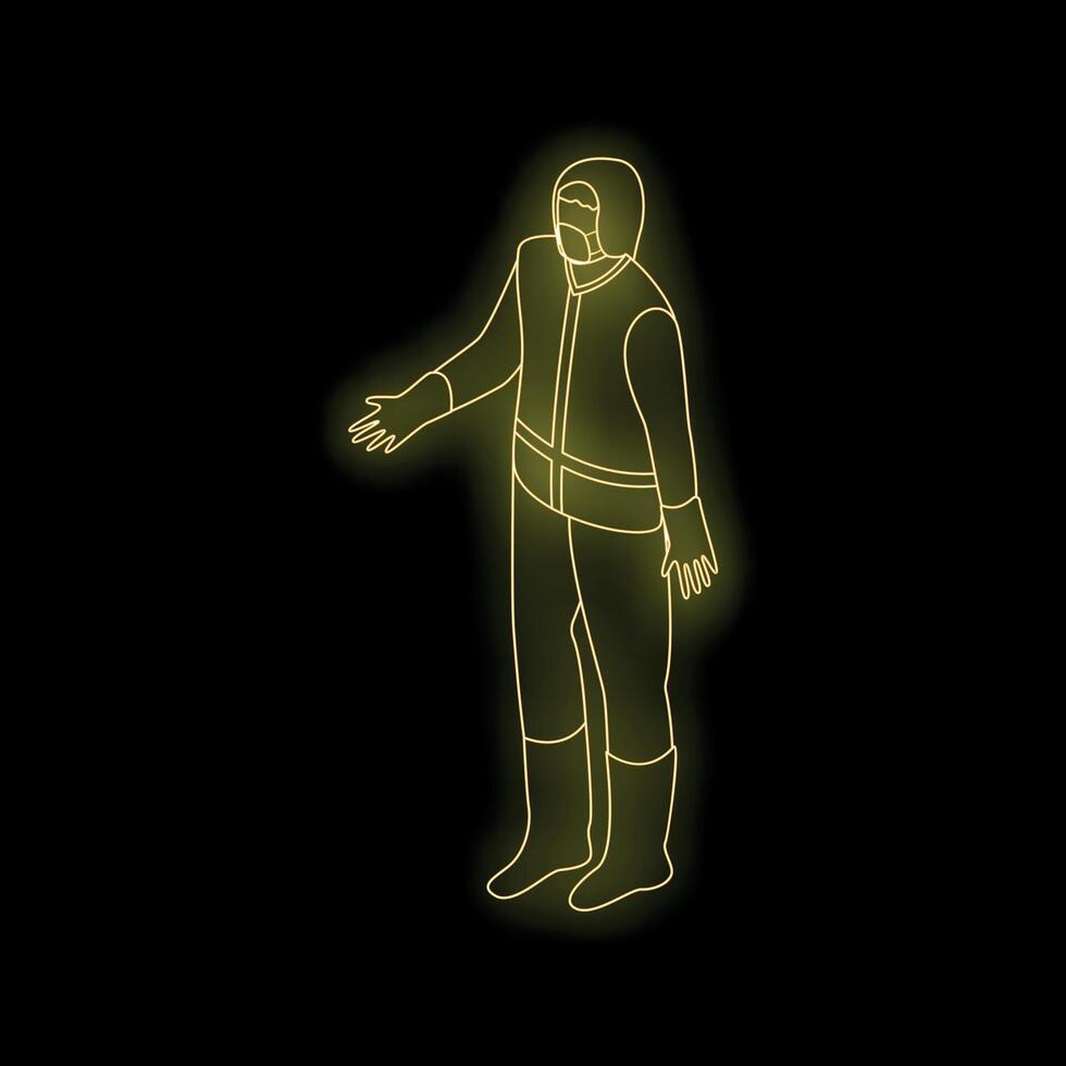 Doctor wearing protective suit and mask in neon style on black background vector