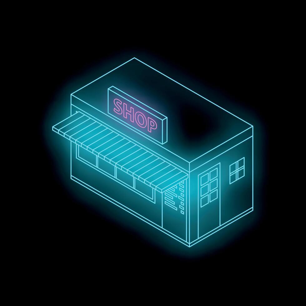 Neon shop sign illuminating building at night, isometric view vector
