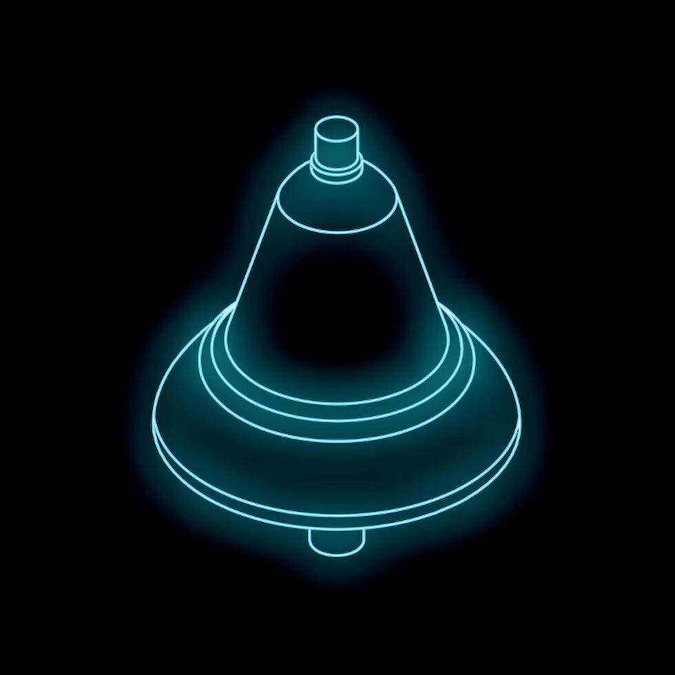 Neon blue bell glowing in dark background, isometric illustration vector