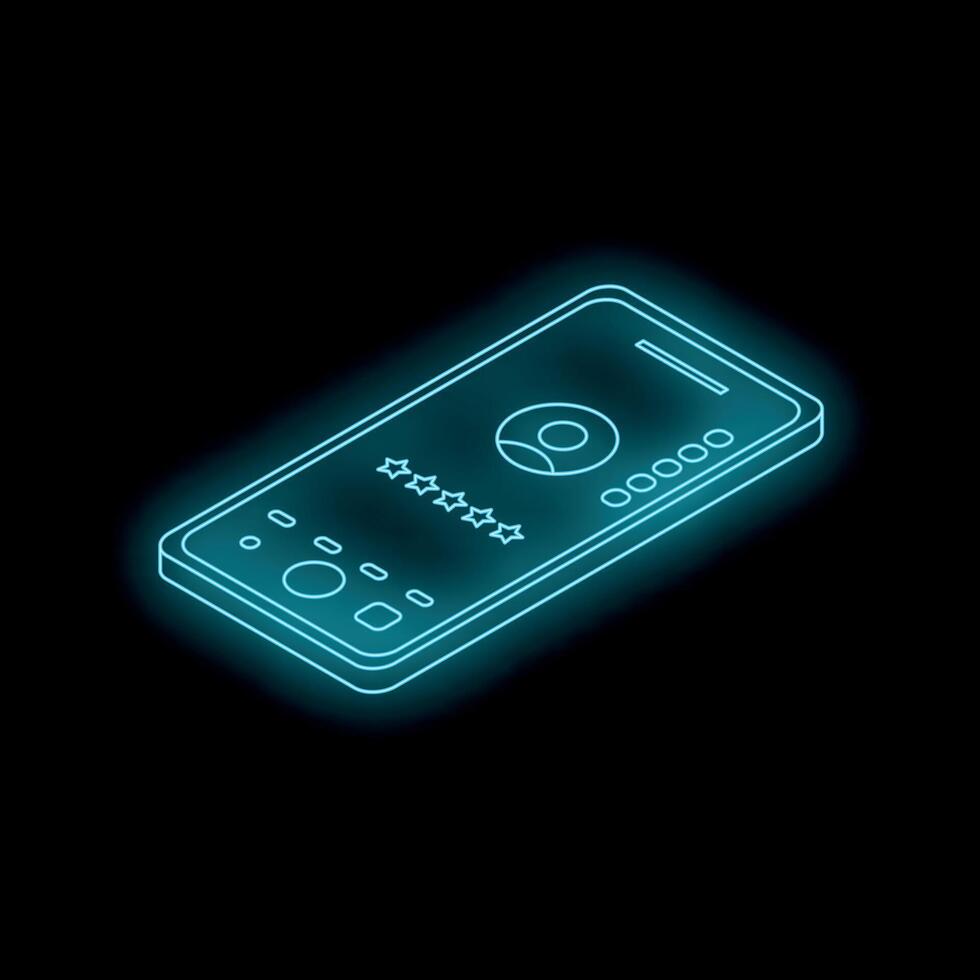 Neon smartphone showing five star rating and user profile on dark background vector