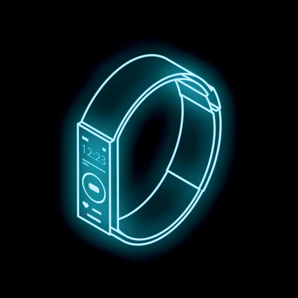 Neon smartwatch glowing on black background, modern technology and wearable devices vector
