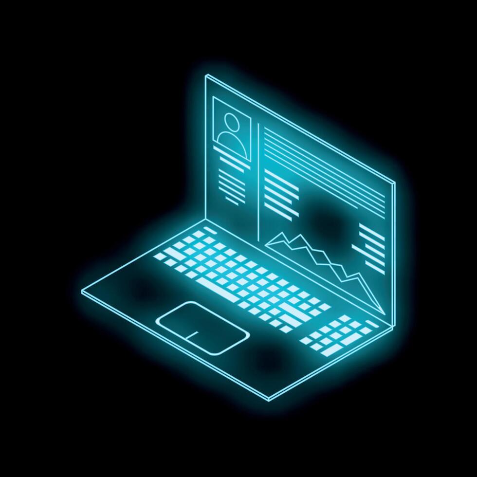 Futuristic neon blue laptop showing data and statistics on black background vector