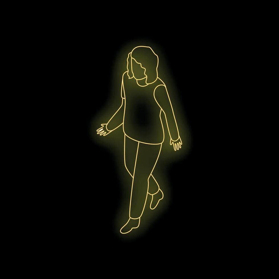 Woman walking forward in neon light, isometric view vector