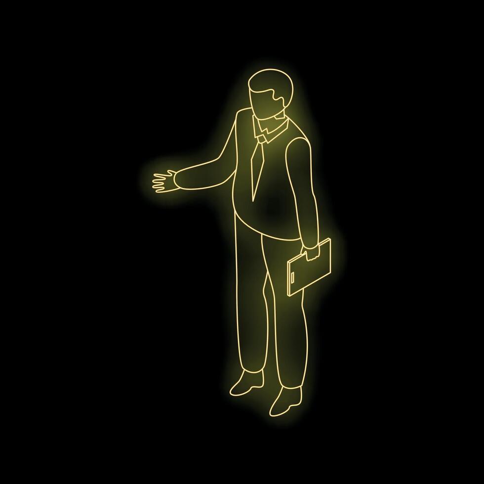 Businessman holding documents and gesturing isometric neon style vector
