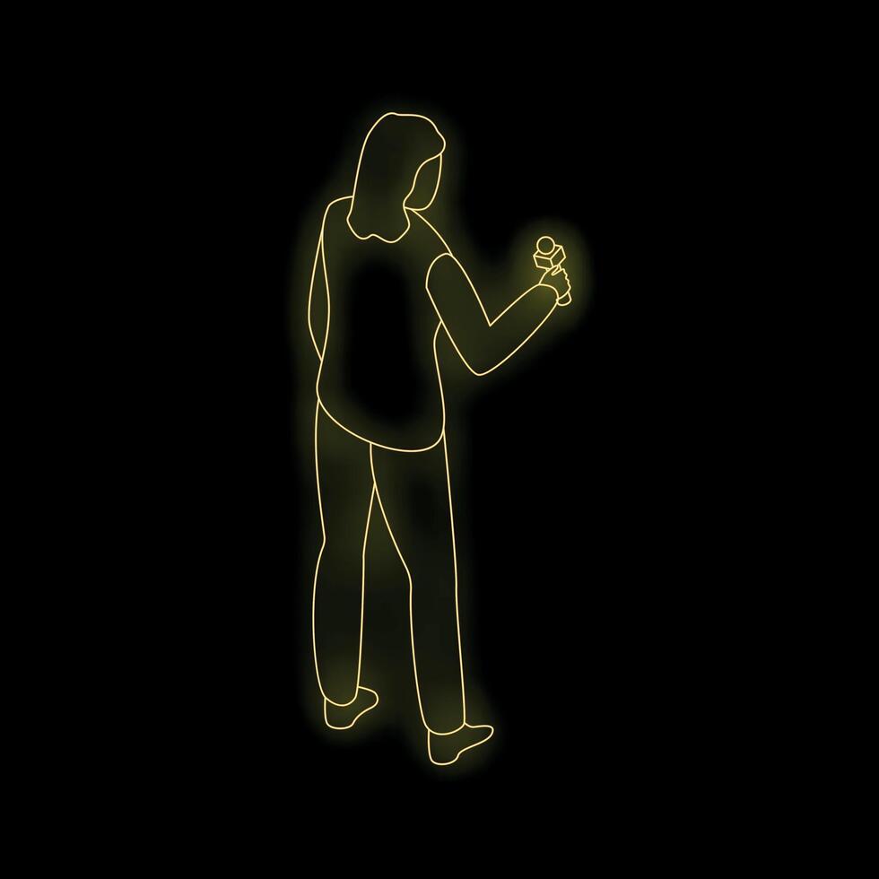 Journalist holding microphone, reporting live news with neon effect on black background vector
