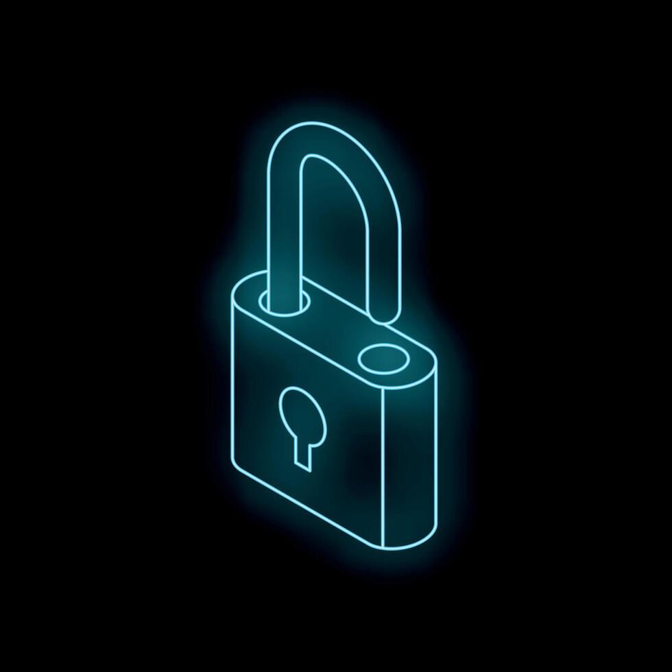Neon blue padlock shining in darkness symbolizing security vector
