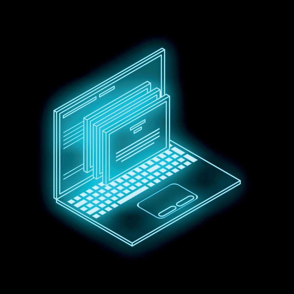 Neon blue laptop displaying digital documents in isometric view vector