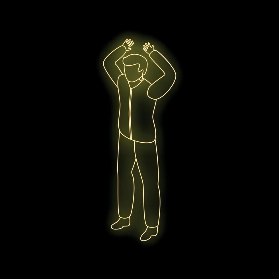 Businessman surrendering with raised arms, yellow neon glow outline on black background vector