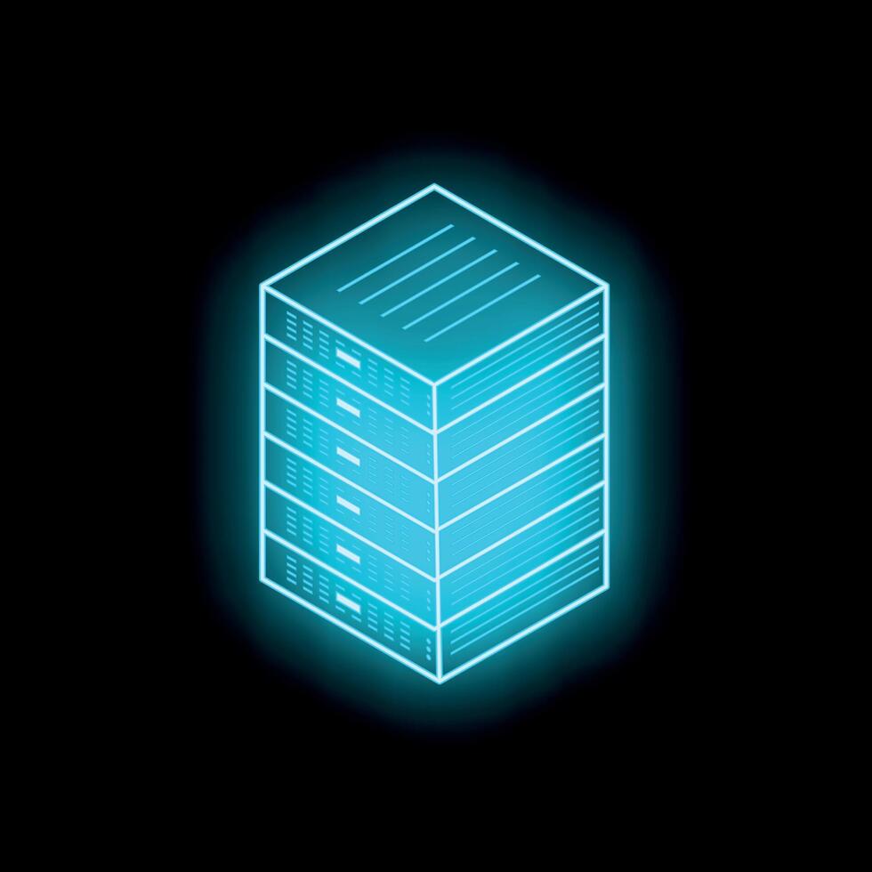 Glowing server rack symbolizing data storage and network infrastructure vector