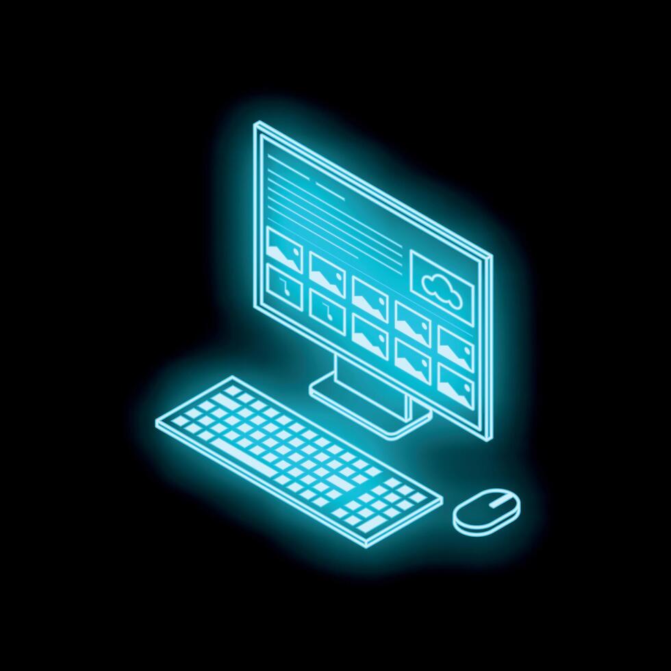 Neon blue desktop computer displaying images on black background vector