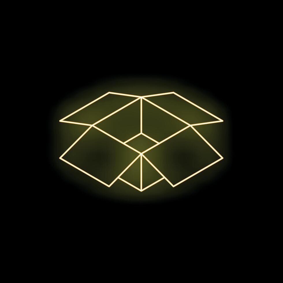 Open cardboard box glowing in yellow neon light on dark background vector
