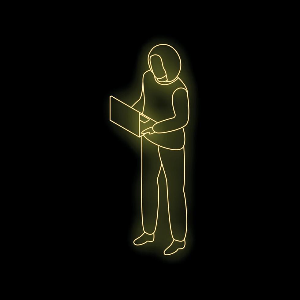 Hacker working on laptop neon sign on black background vector