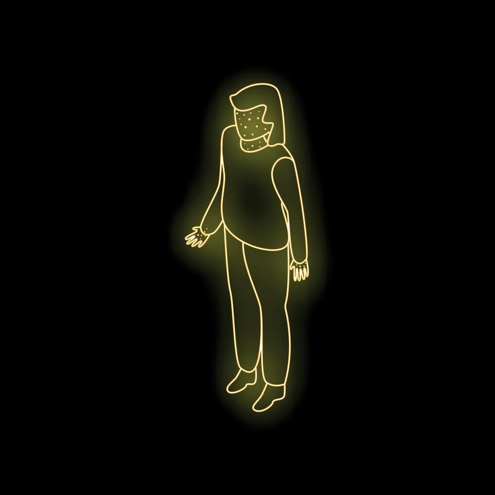 Neon yellow metaverse avatar with casual clothes is standing on black background vector