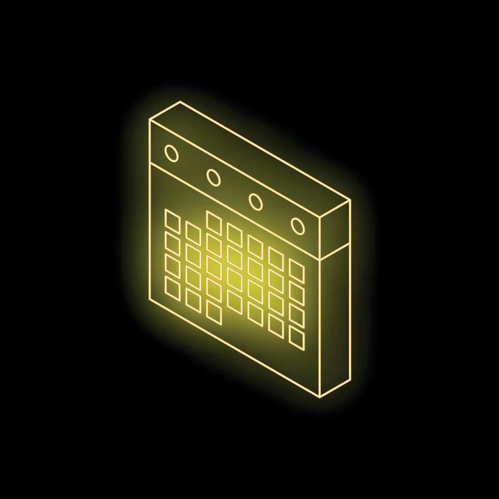 Neon yellow calendar icon glowing on dark background vector