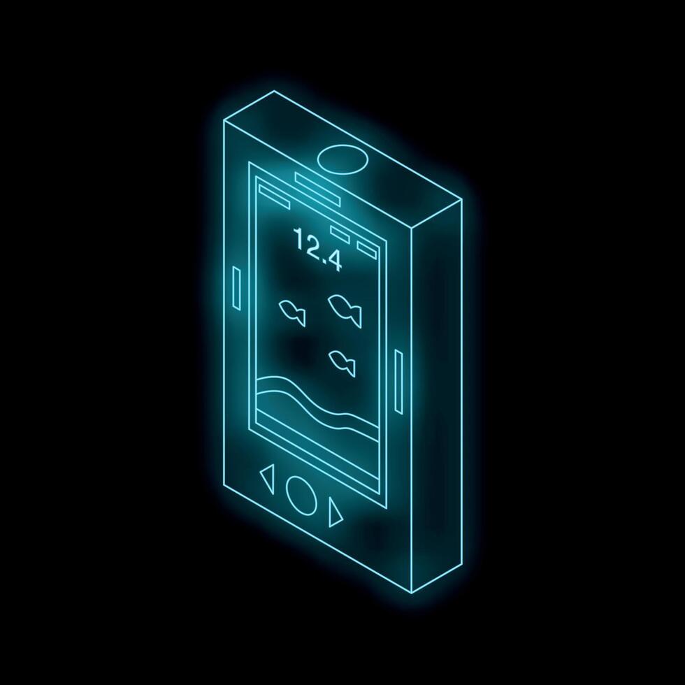 Smartphone showing fish finder app with glowing neon light vector