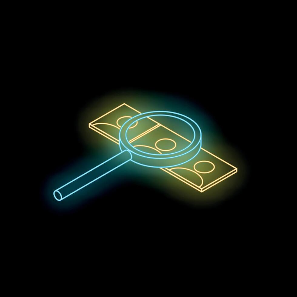 Neon magnifying glass examining banknotes on black background vector