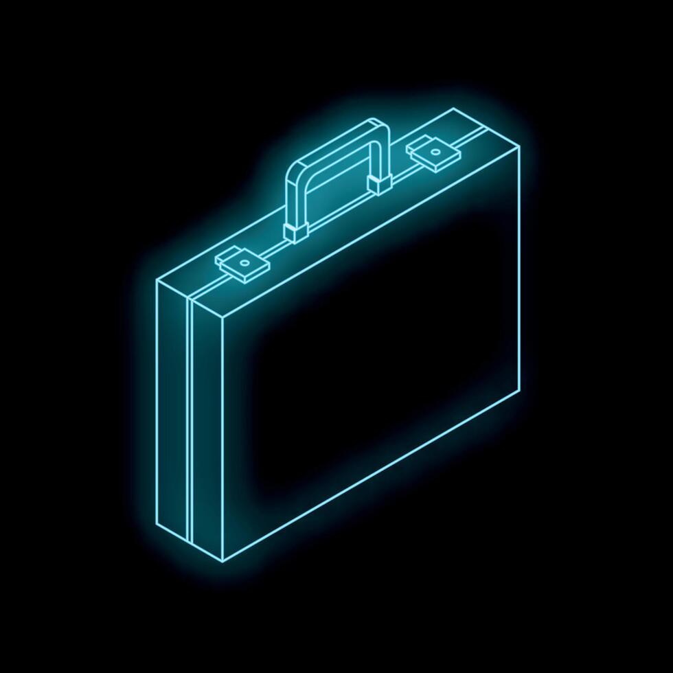 Glowing neon blue briefcase representing business and finance on black background vector