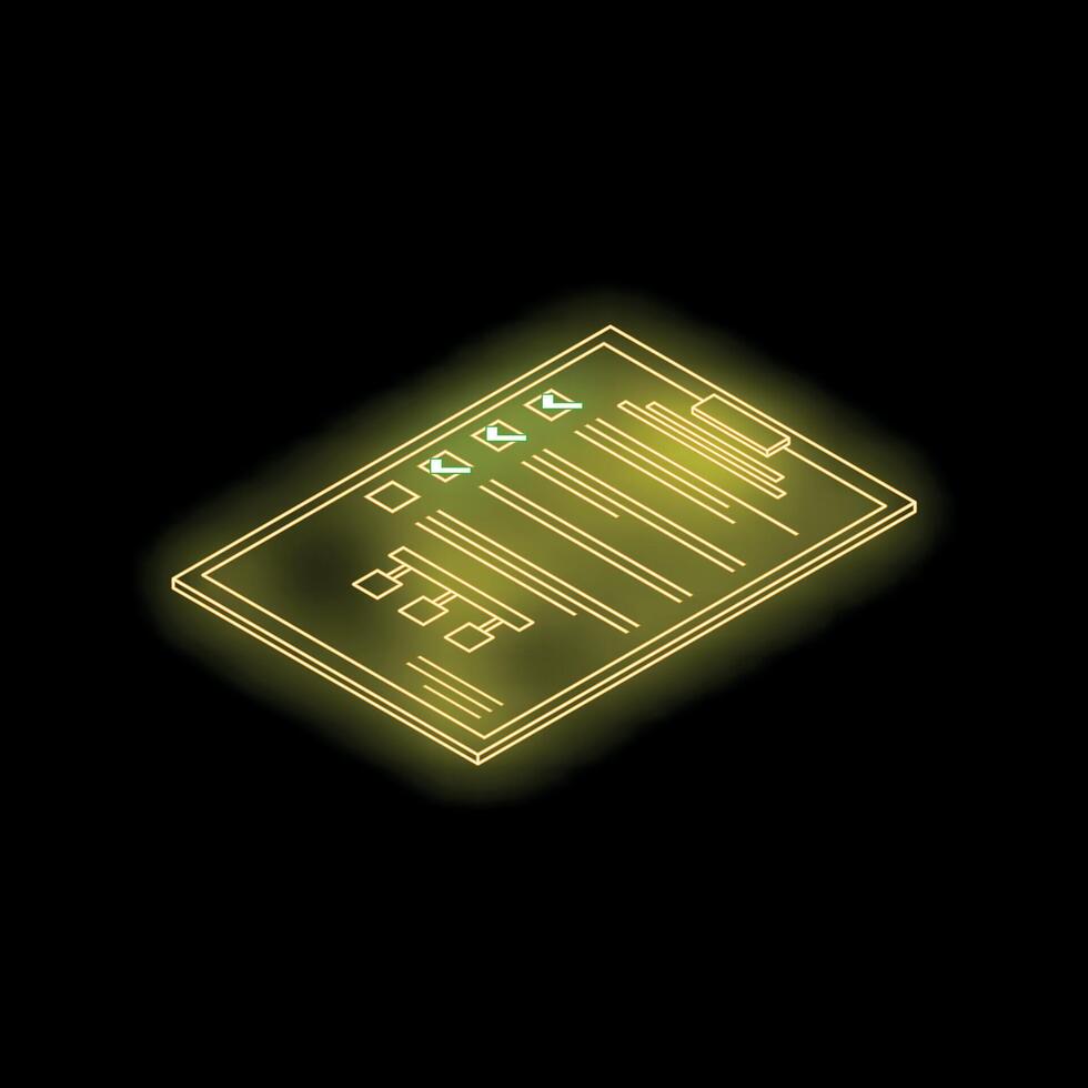 Glowing neon clipboard with checklist and marked checkboxes on black background vector