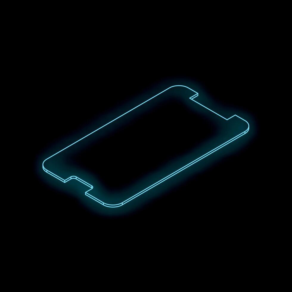 Futuristic glowing smartphone, neon blue outline on black background vector