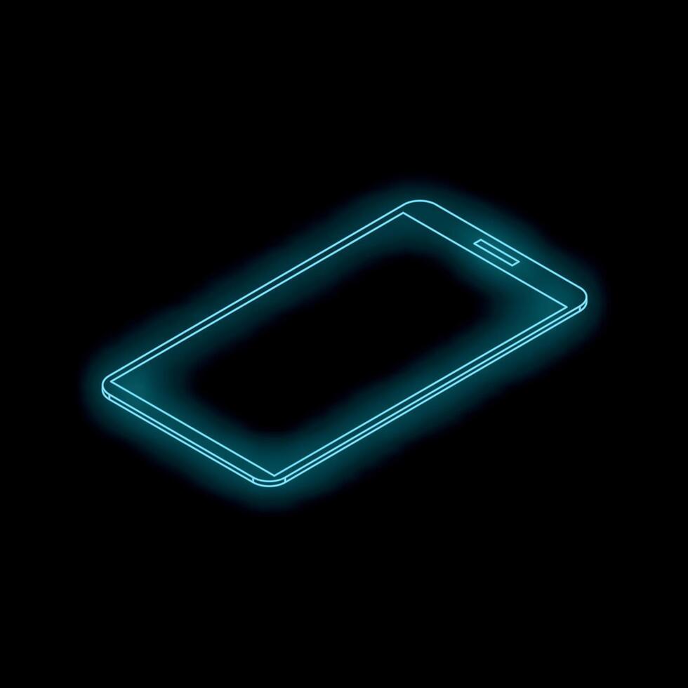 Neon blue smartphone glowing on black background, futuristic technology concept vector