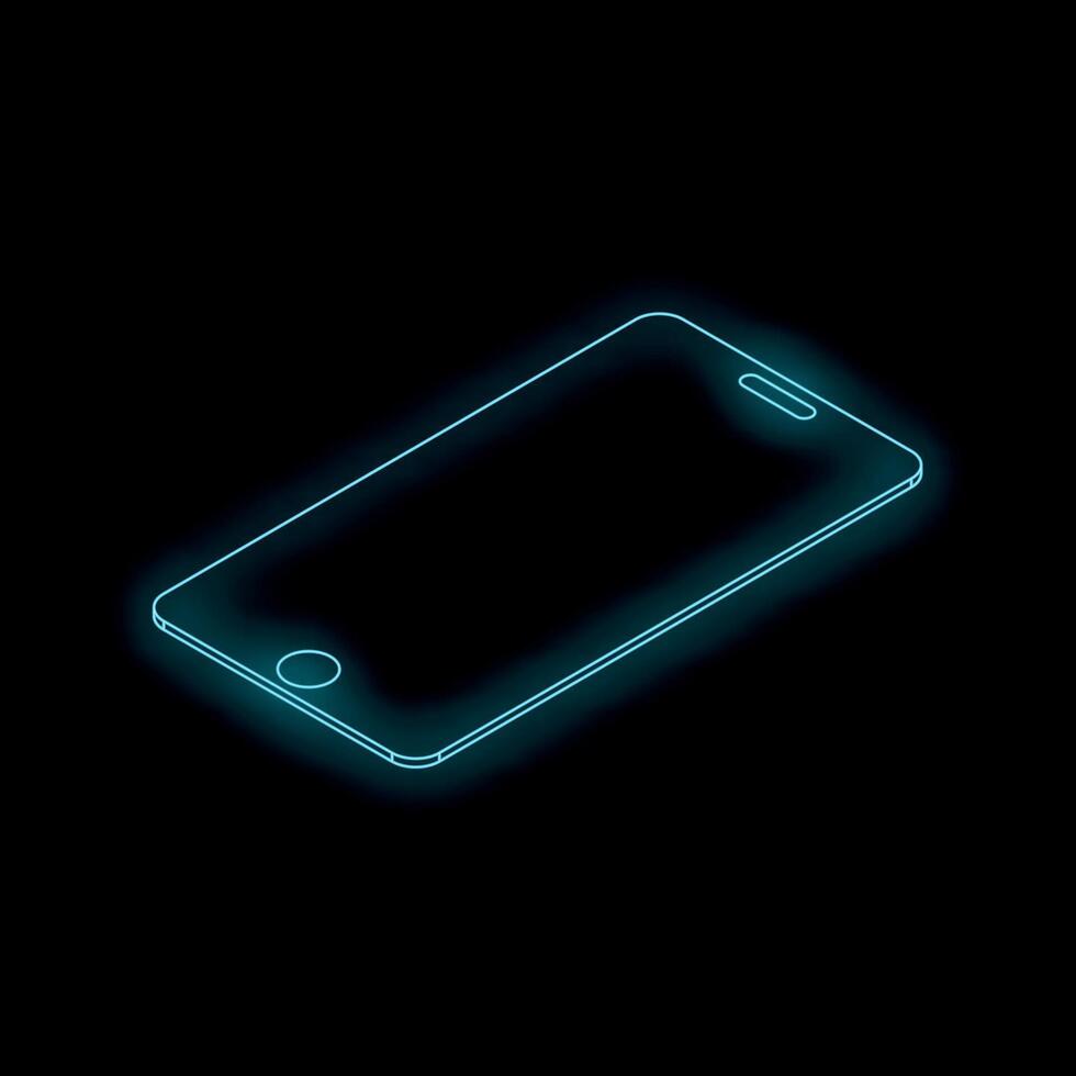 Neon blue smartphone glowing on black background, futuristic technology concept vector