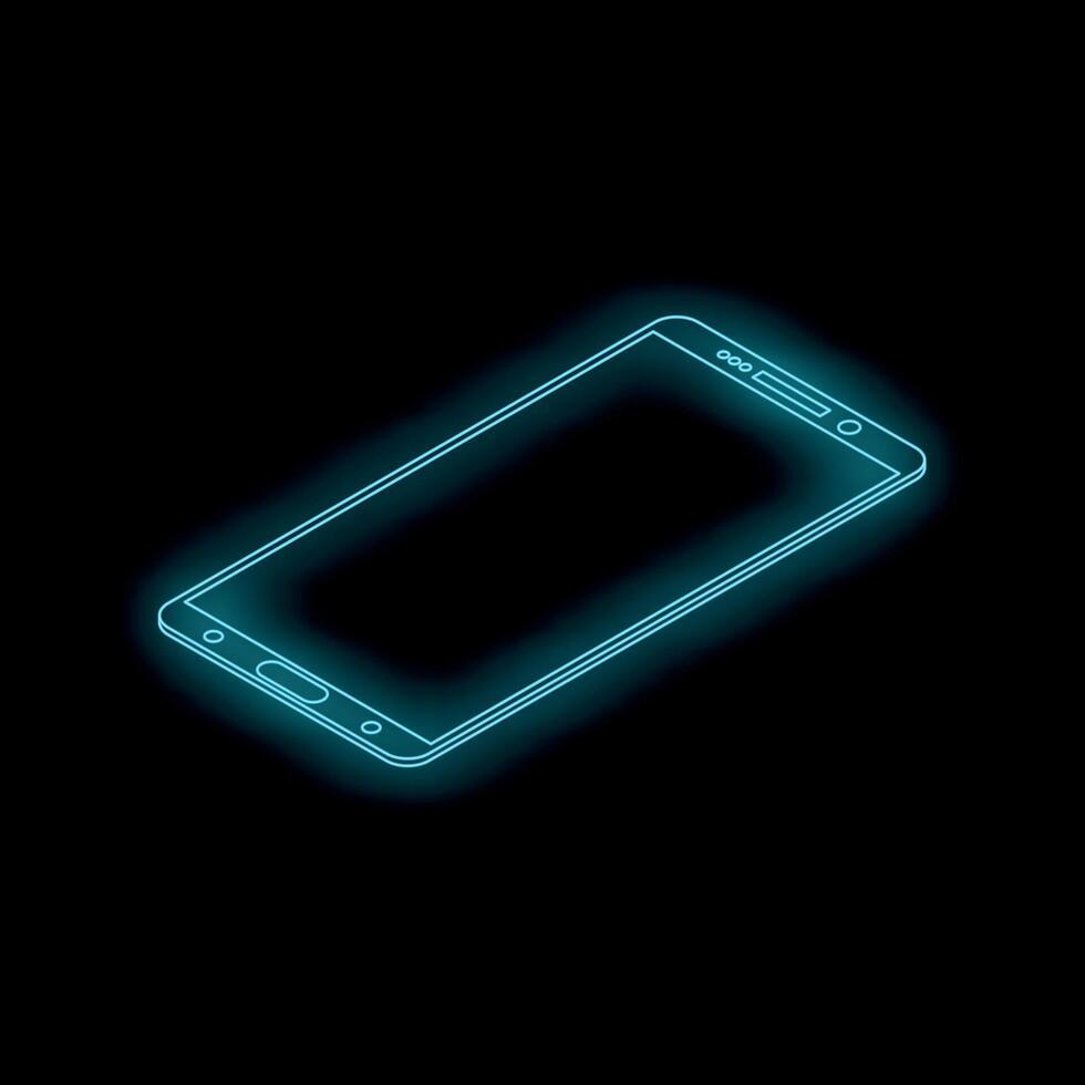 Neon blue smartphone glowing on black background, futuristic technology concept vector