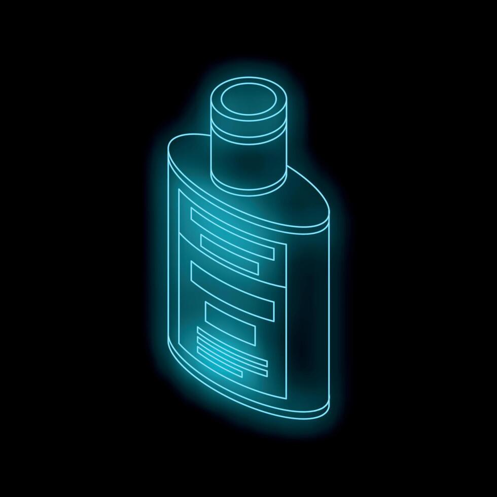 Glowing neon cosmetic bottle on black background, isometric projection vector