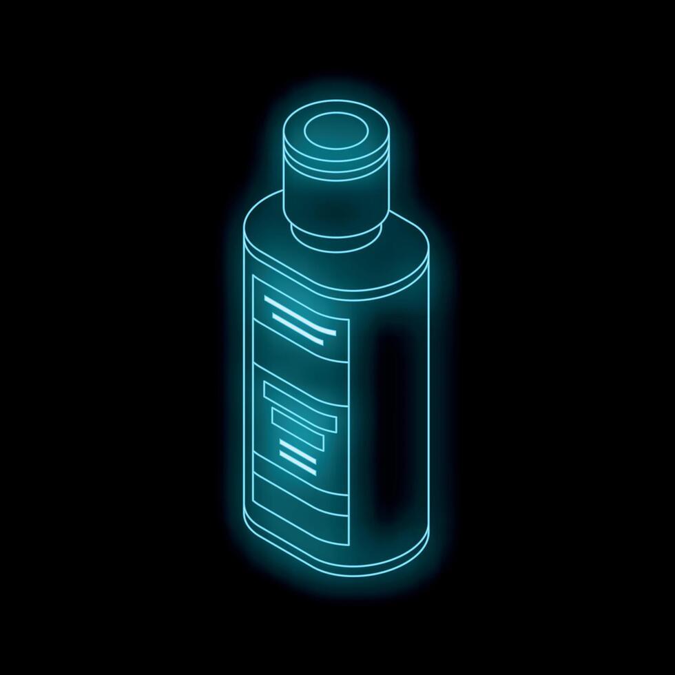 Glowing neon bottle shining in dark space, isometric view vector