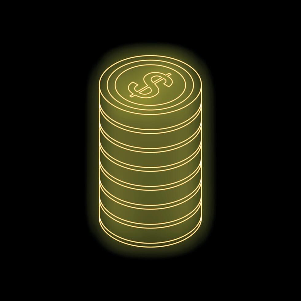 Neon glowing stack of dollar coins on black background vector
