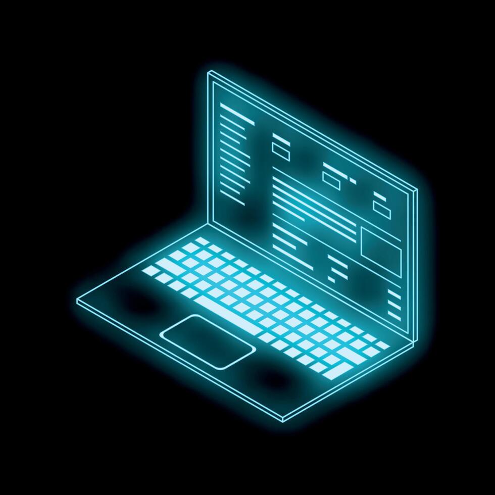 Futuristic neon blue laptop showing code on black background vector