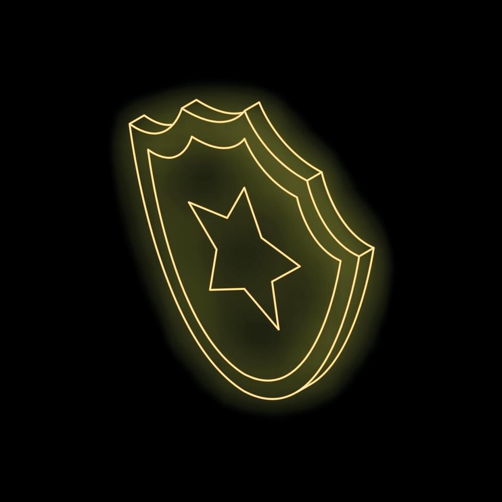 Golden neon shield with star shining on black background vector