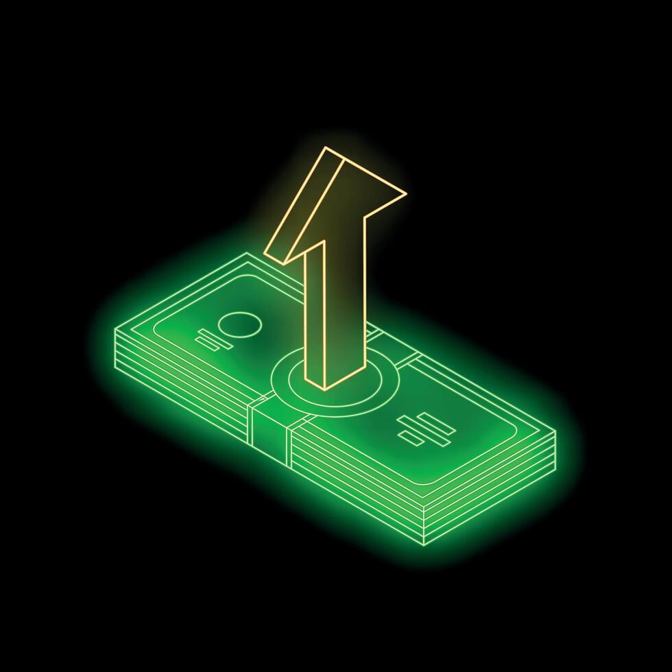 Neon green money increasing with gold arrow on black background vector
