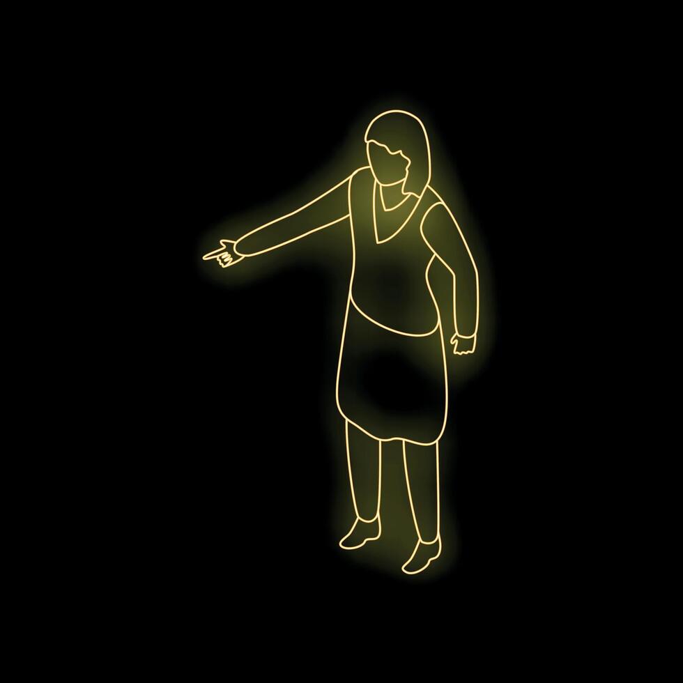 Businesswoman pointing with index finger in neon style vector