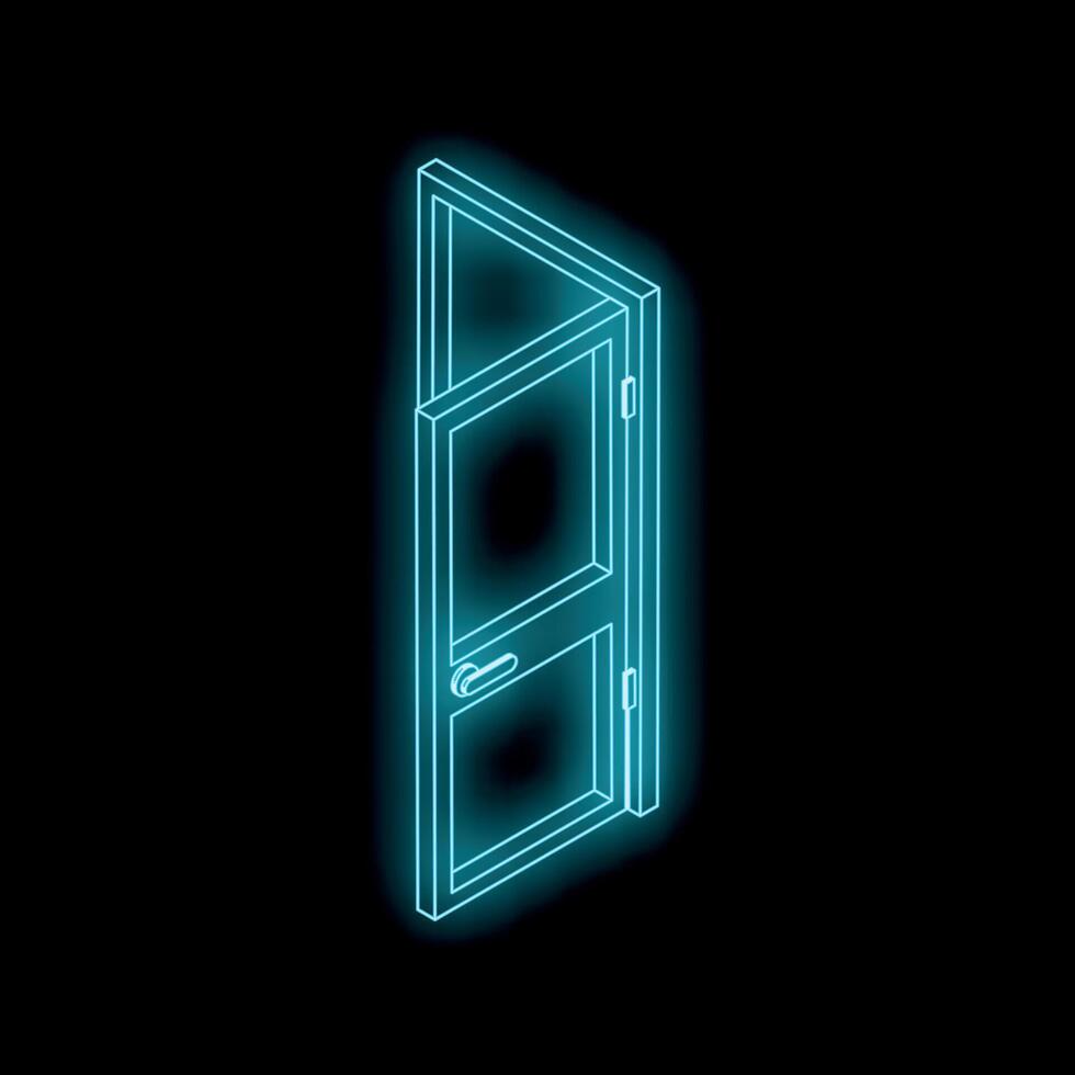 Open door with glowing neon light on black background vector