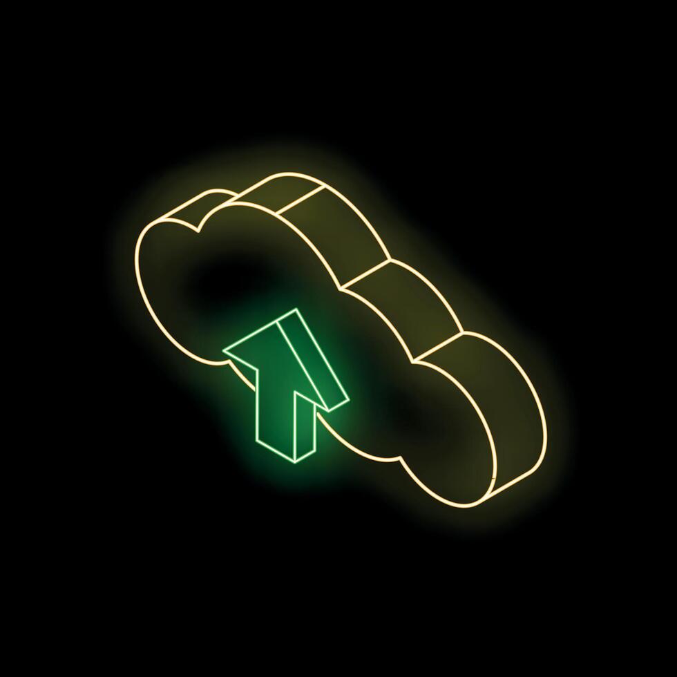 Green up arrow entering glowing yellow cloud on black background representing cloud computing and uploading vector