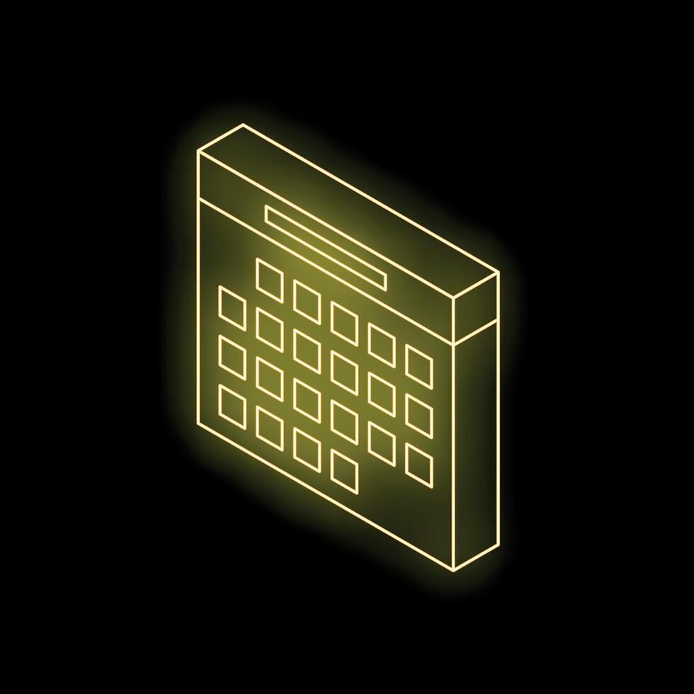 Glowing neon yellow calendar icon on dark background symbolizing scheduling and time management vector