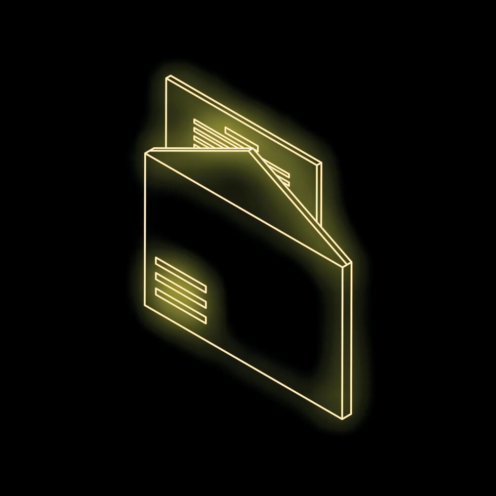 Neon yellow open mail envelope with letter sticking out on black background vector