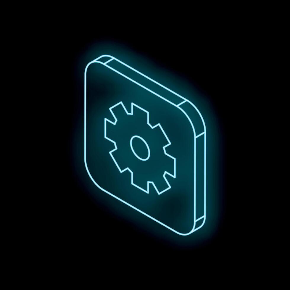 Neon blue glowing gear icon in rounded square on black background vector