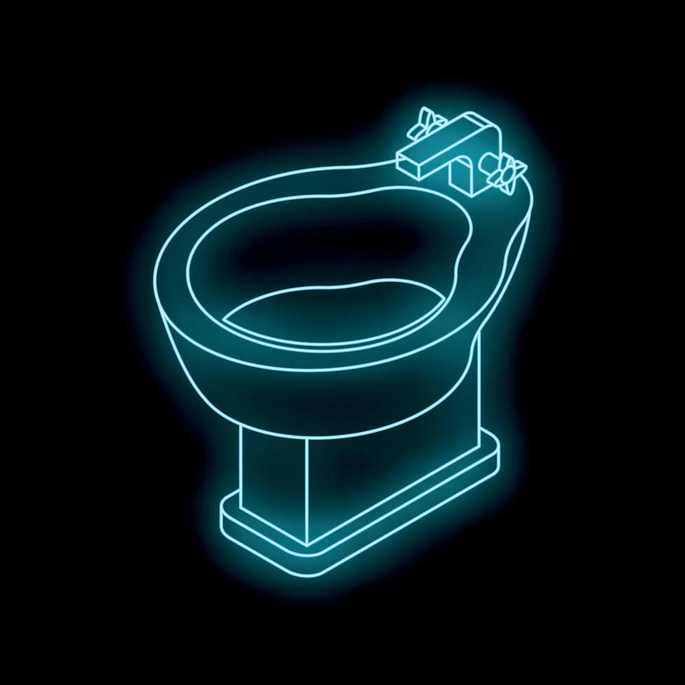 Neon bidet shining in the dark bathroom, modern plumbing fixture vector