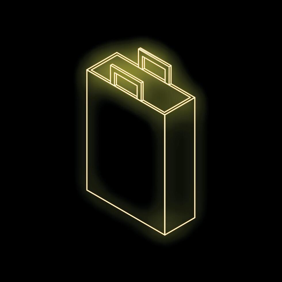 Shopping bag with handles glowing neon yellow on black background vector